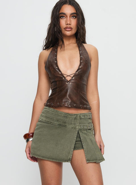   front view of model wearing Princess Polly Generous Wrap Buckle Skort Washed Khaki Mini Skirts Skirts 