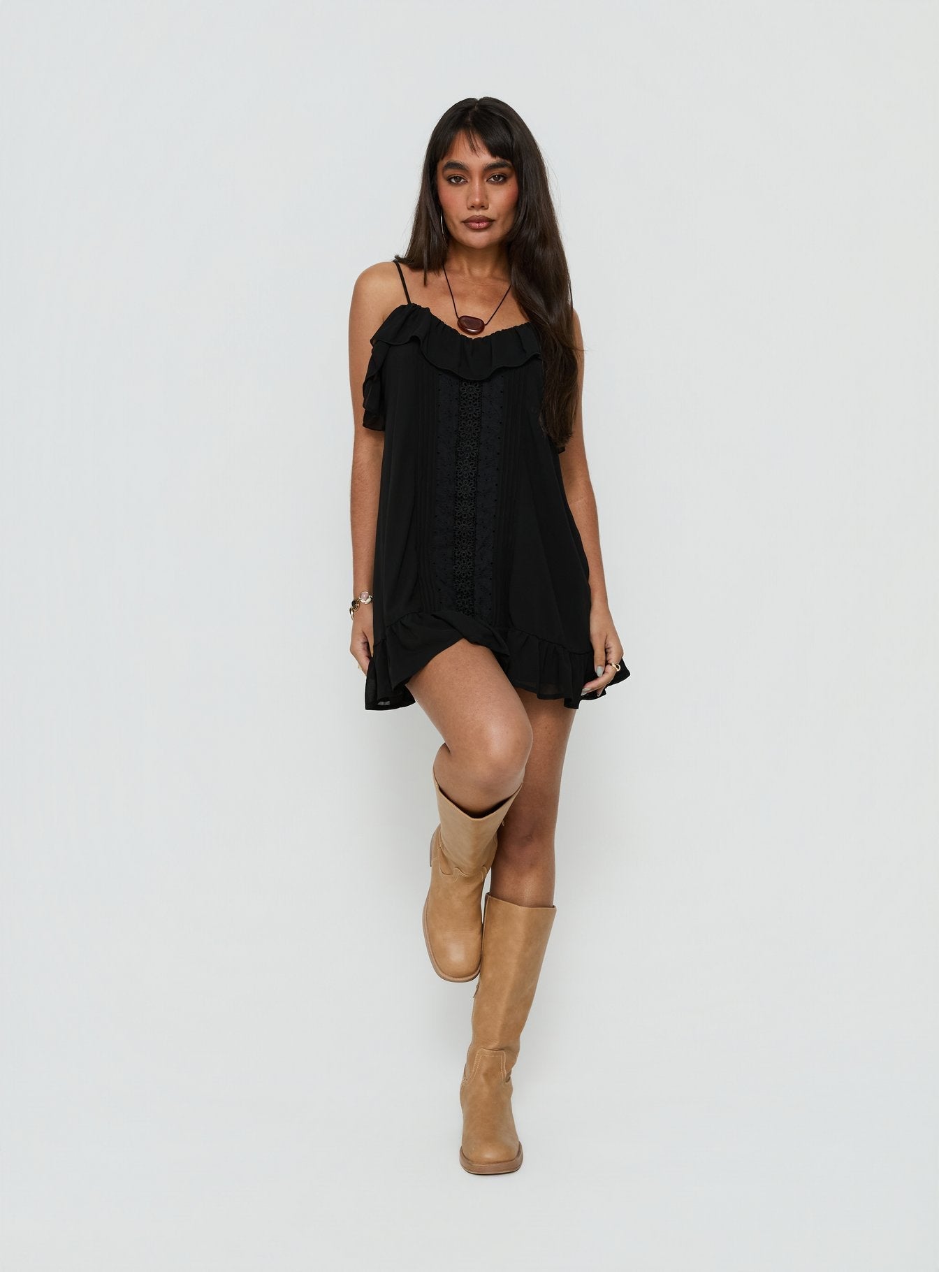 Somnielle Frill Lace Detail Mini Dress Black
