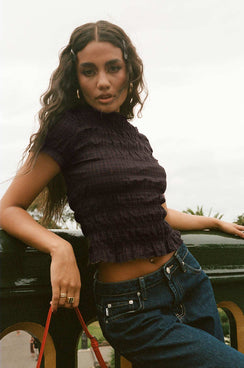 Romelle Shirred Top Black / Brown Plaid Petite