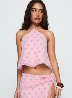 side view of model wearing Princess Polly Remembering Tie Back Top Pink Sleeveless Asymmetric Neckline 