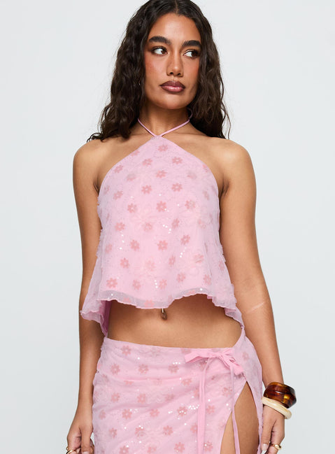 side view of model wearing Princess Polly Remembering Tie Back Top Pink Sleeveless Asymmetric Neckline 