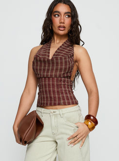 Kendia Plunge Halter Top Red Check