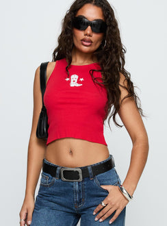 front view of model wearing Princess Polly Boot Scootin Graphic Tank Top Red Sleeveless Crew Neck 
