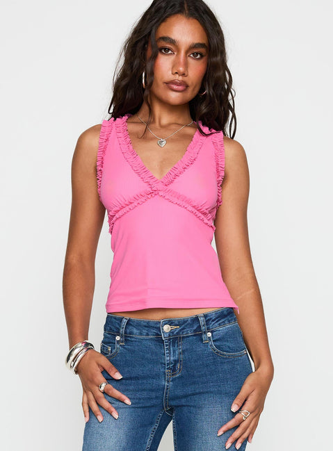 front view of model wearing Princess Polly Danyia Frill Top Pink Sleeveless V-Neck 