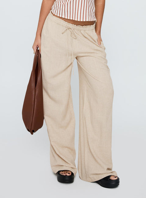 side view of model wearing Princess Polly Seascape Oversize Tie Pants Natural High Waisted Pants 
