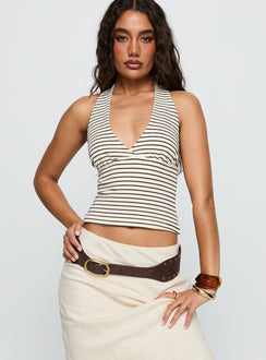 front view of model wearing Princess Polly Whimsy Halter Top Chocolate / White Stripe Sleeveless Plunger 
