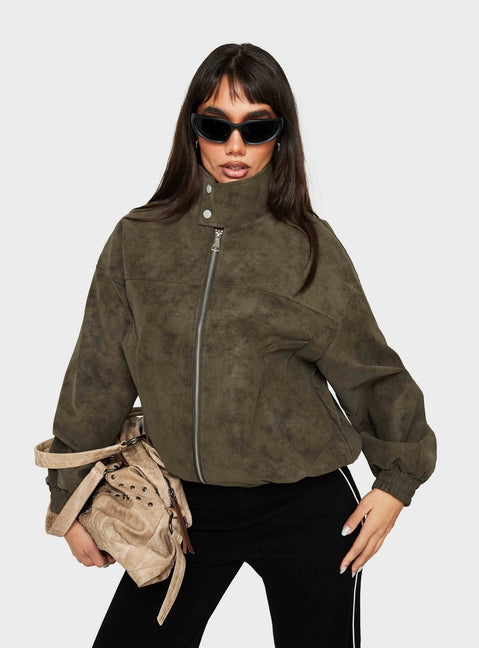 Ellissa Faux Suede Bomber Jacket Khaki
