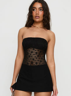 front view of model wearing Princess Polly Kristiina Strapless Lace Bodysuit Black Sleeveless Bodysuit 
