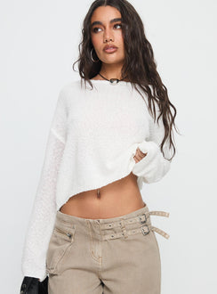 front view of model wearing Princess Polly Riala Off Shoulder Knit Sweater White cropped Jumpers 