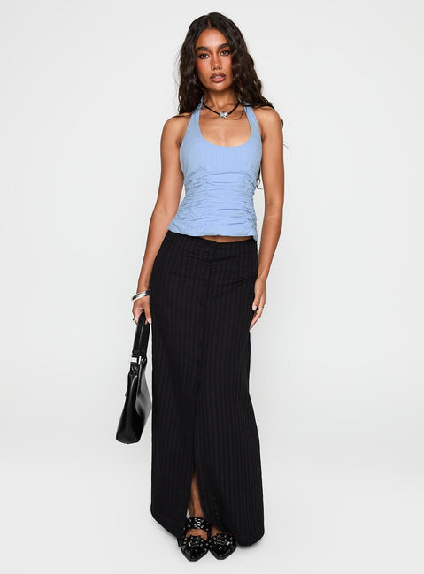   side view of model wearing Princess Polly Livie Maxi Skirt Black Maxi Skirts Skirts 