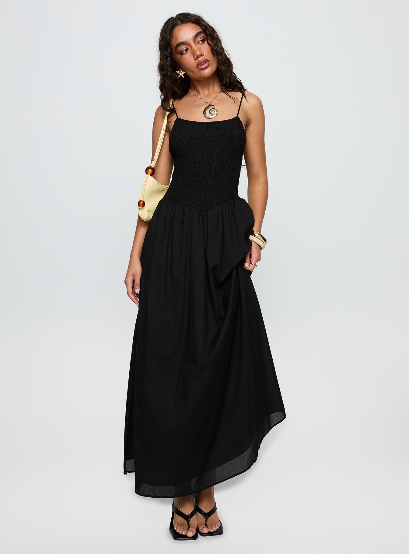 front view of model wearing Princess Polly Carys Maxi Dress Black Square Neck 