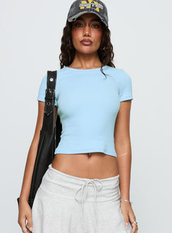 front view of model wearing Princess Polly Baseline Scoop Rib Tee Light Blue Short Sleeves Crew Neck 