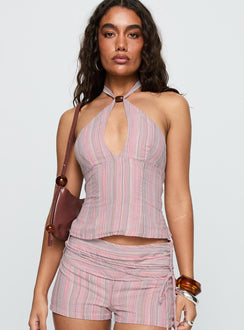 side view of model wearing Princess Polly Electric Night Halter Tie Back Top Pink Stripe Sleeveless Plunger 