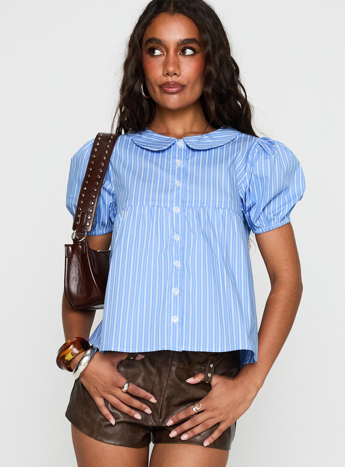 Capitale Collared Top Blue Stripe