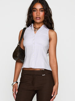 front view of model wearing Princess Polly Mark On Me Sleeveless Top Purple Stripe Sleeveless V-Neck 