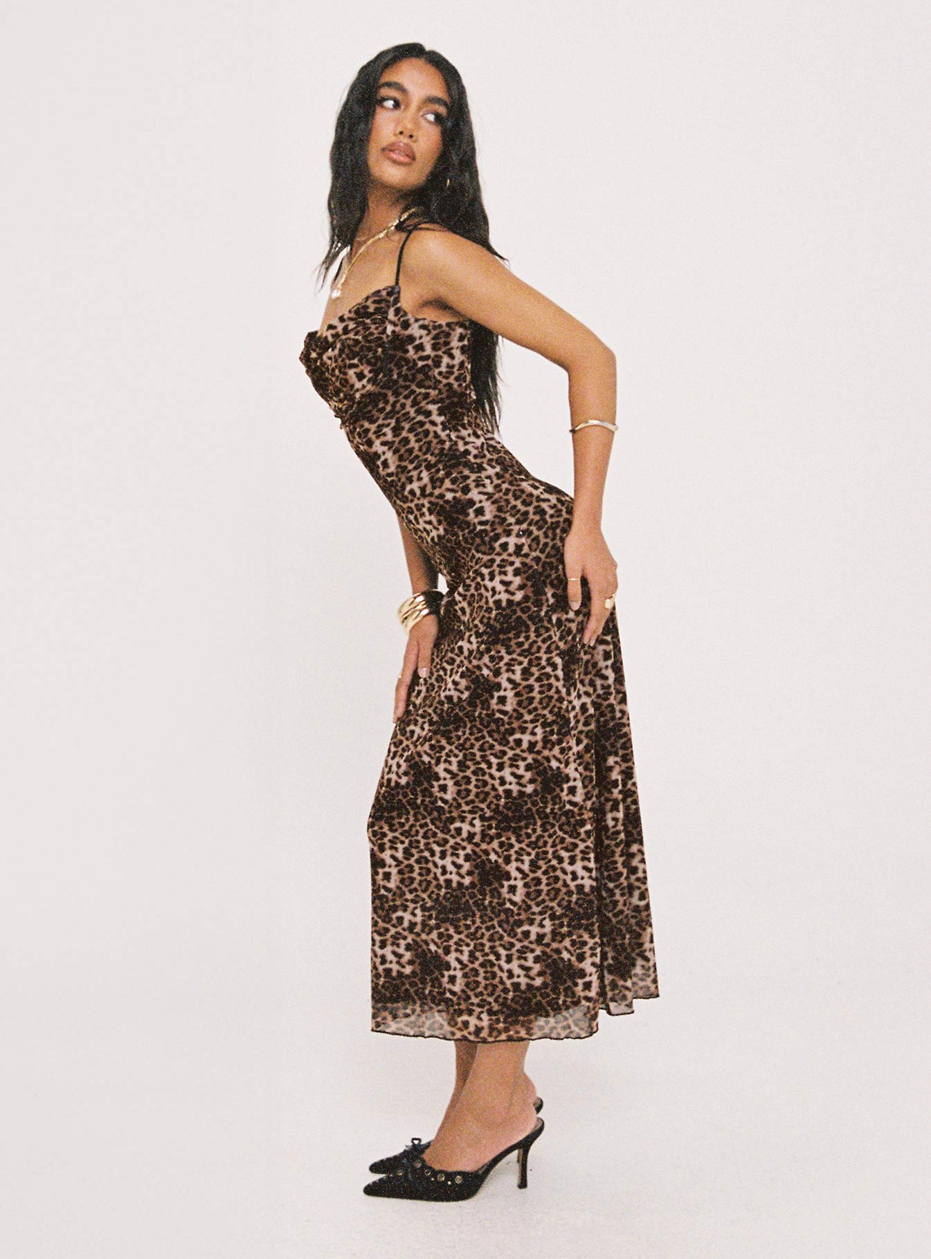 side view of model wearing Princess Polly Sugar Maxi Dress Leopard Cowl Neck 