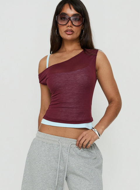 Klaretta Off Shoulder Draped Layered Top Burgundy / Blue