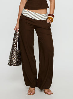 front view of model wearing Princess Polly Past Life Fold Over Waistband Pant Brown / Stripe Mid Rise Pants 
