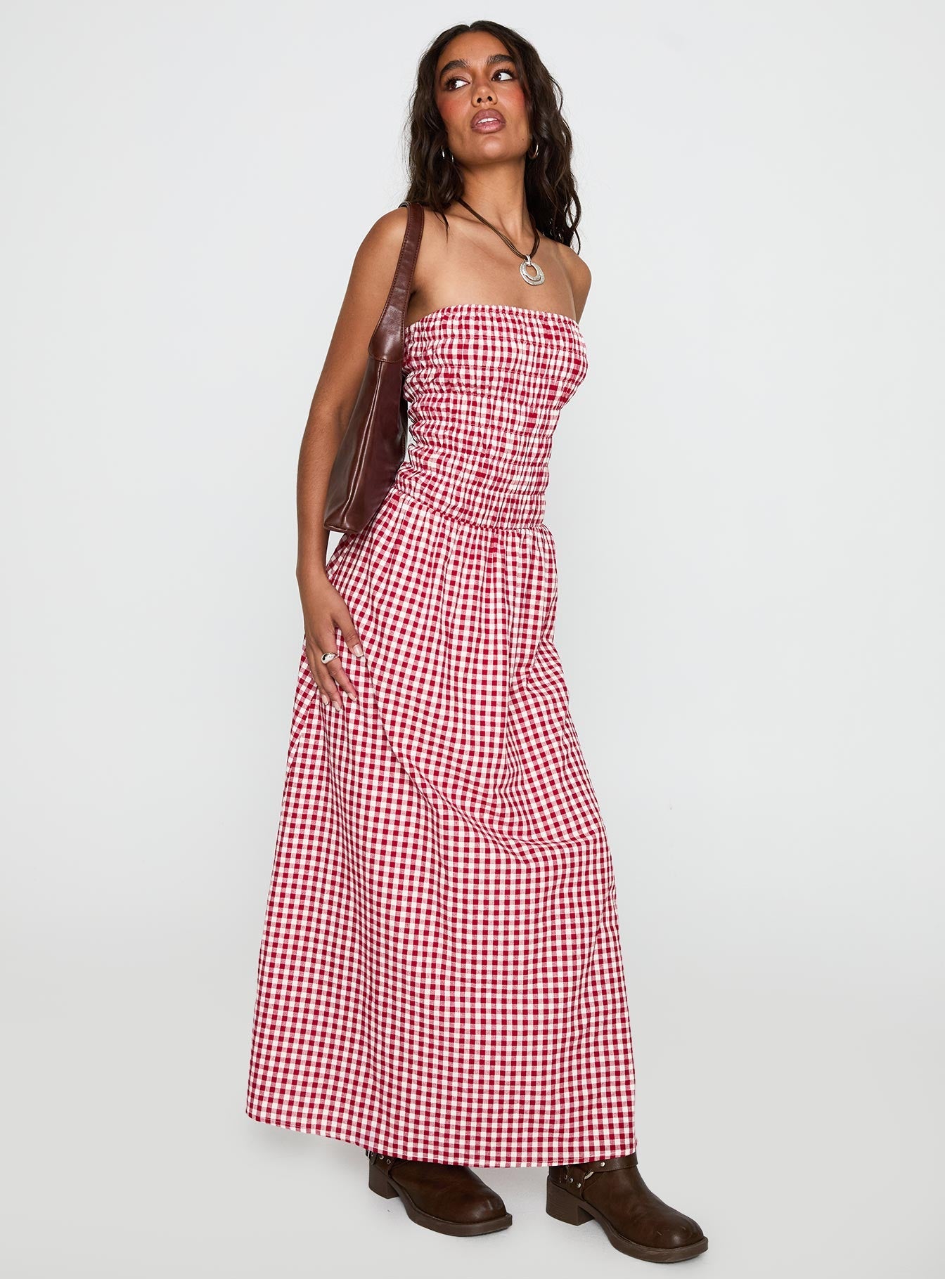 Human Nature Strapless Maxi Dress Red Check