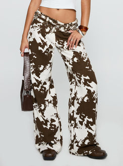 back view of model wearing Princess Polly Baccarat Belted Pant Cow Print Low Rise Jeans 