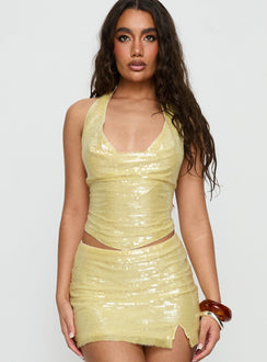 Katryna Plunge Neck Sequin Top Yellow