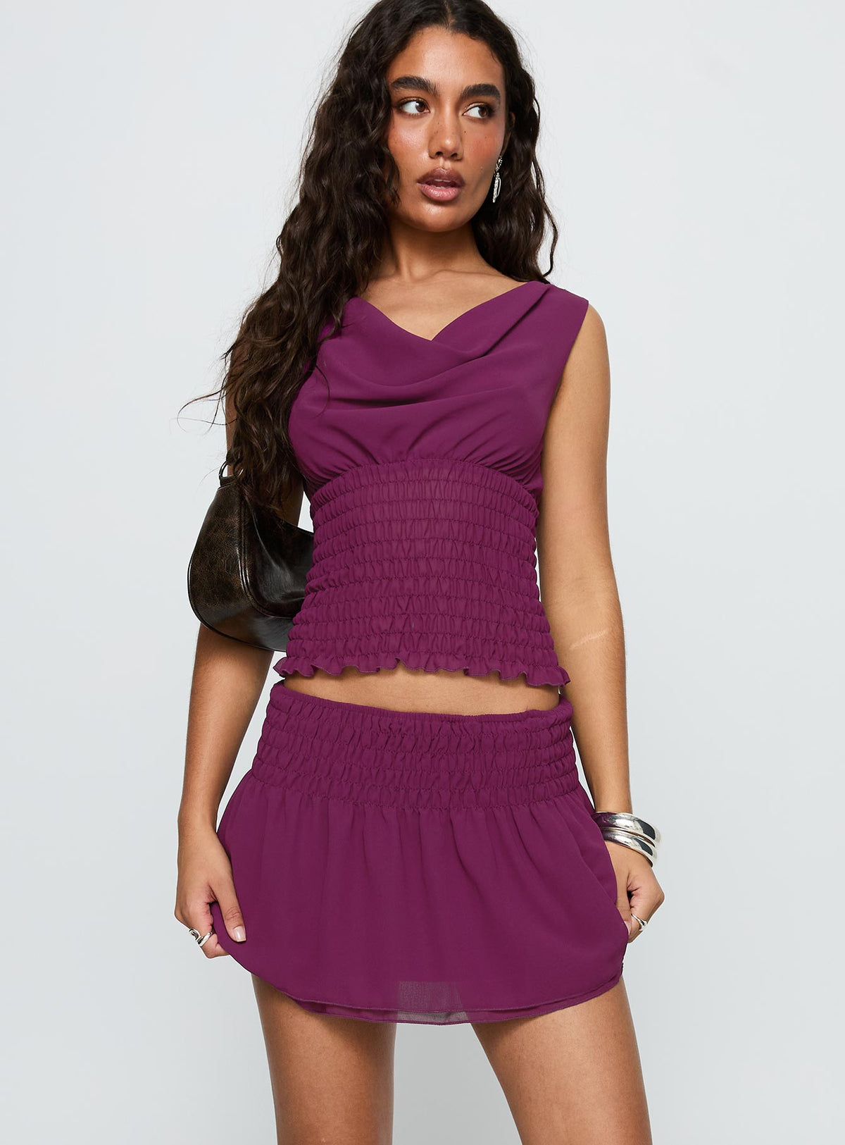 back view of model wearing Princess Polly I Belong Shirred Mini Skirt Wine Mini Skirts Skirts 