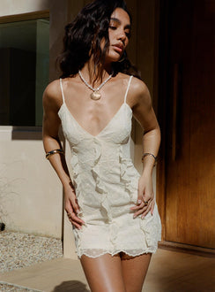 front view of model wearing Princess Polly Ariadne Mini Dress Cream V-Neck 