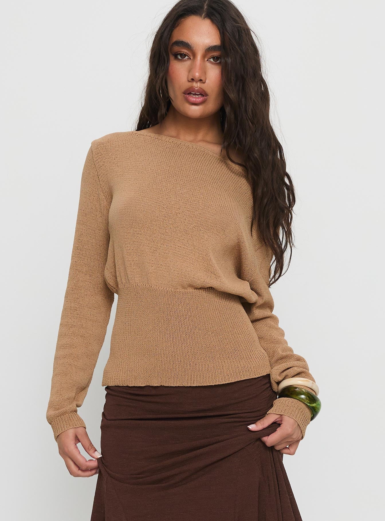 front view of model wearing Princess Polly Xaria Off Shoulder Knit Sweater Tan 