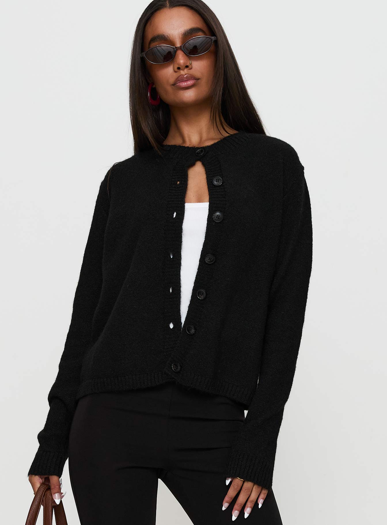 front view of model wearing Princess Polly Denmark Cardigan Black Cropped 