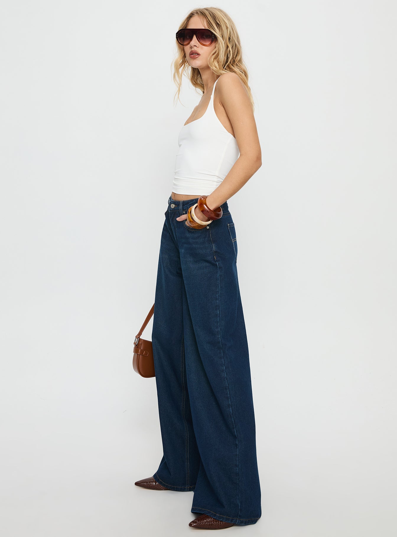 Naylor Mid Rise Wide Leg Jeans Mid Blue Denim
