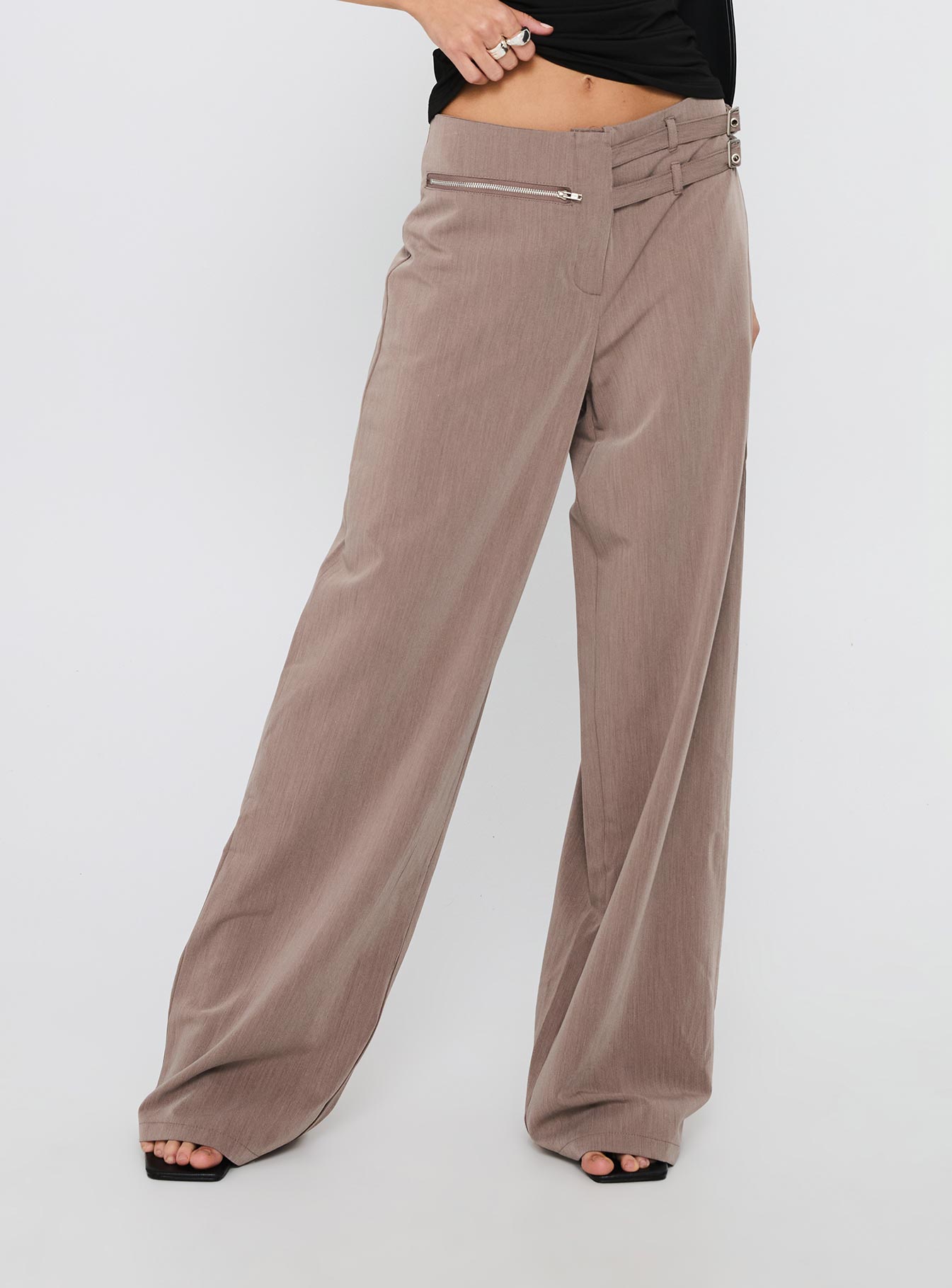 side view of model wearing Princess Polly Rinah Belted Cargo Pants Brown High Waisted Pants 