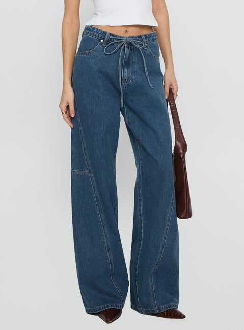 Bruiser Tie Waist Mid Rise Wide Leg Jeans Mid Blue Wash Mid Rise Jeans Jeans 