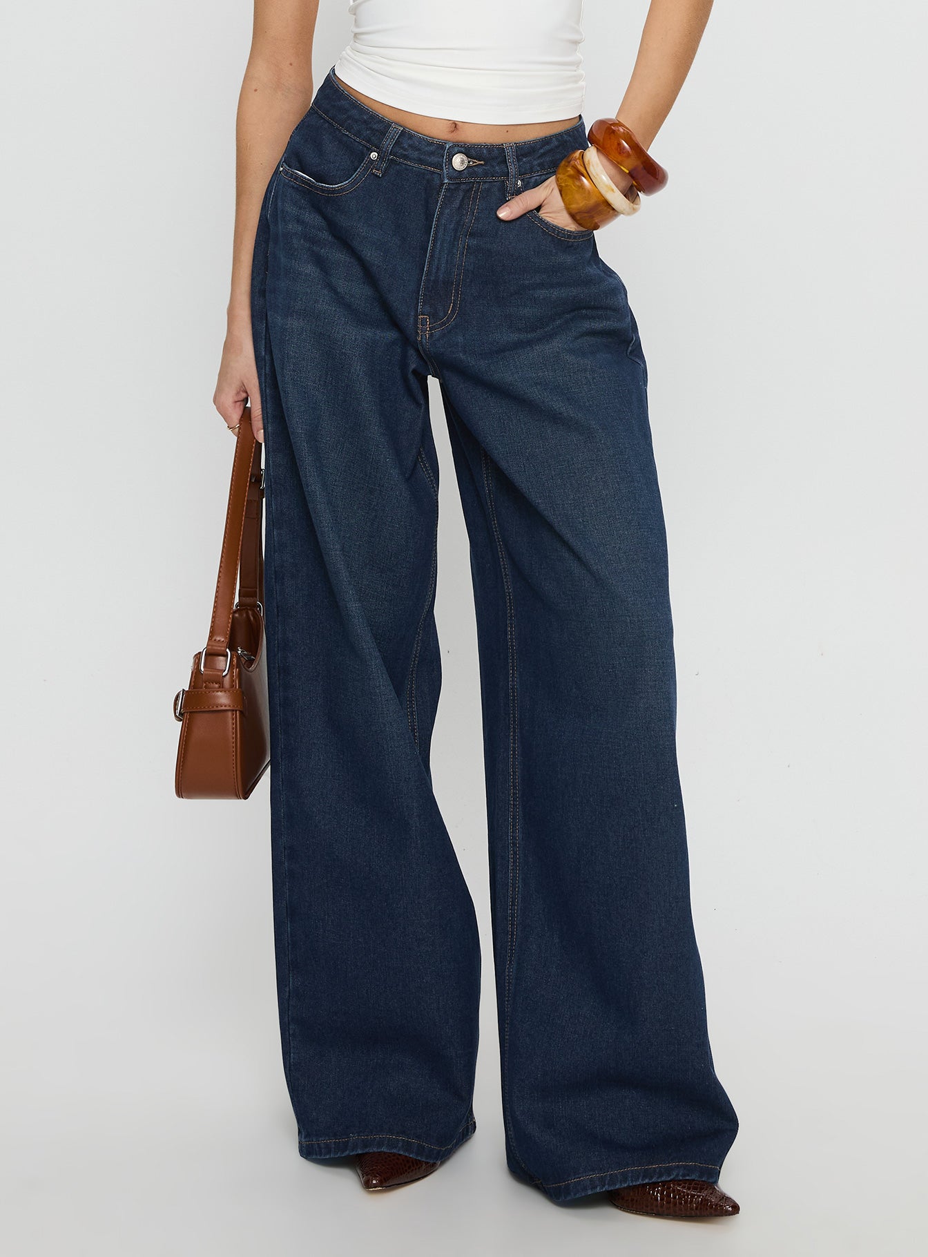 Naylor Mid Rise Wide Leg Jeans Mid Blue Denim