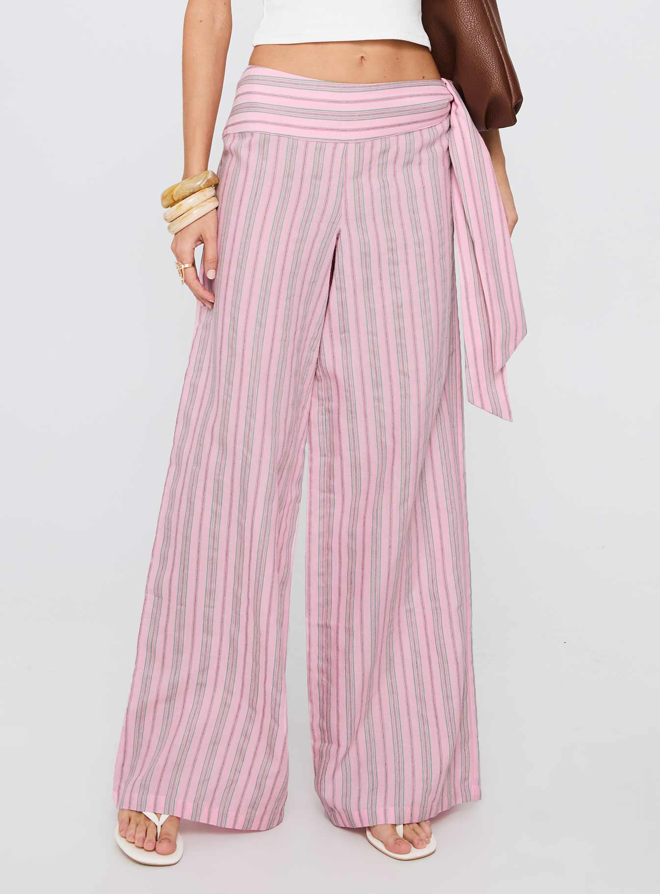 back view of model wearing Princess Polly Wave Dancer Tie Pant Pink Stripe High Waisted Pants 