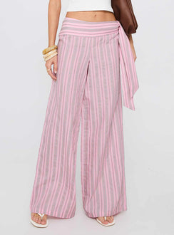 back view of model wearing Princess Polly Wave Dancer Tie Pant Pink Stripe High Waisted Pants 