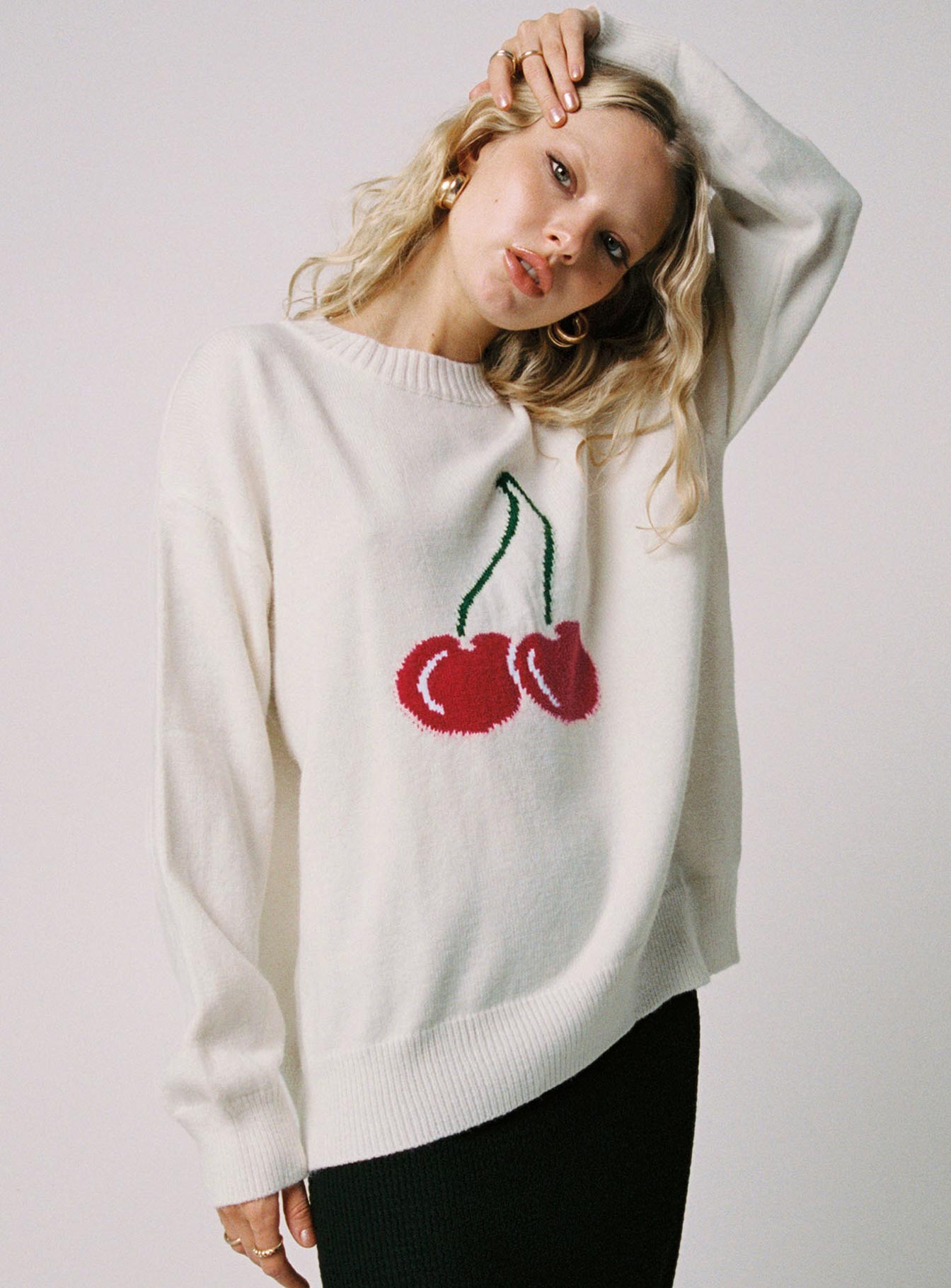 Introducing the Cherry Dreams Knit Jumper Cream womens jumpers with long length front view of model wearing Princess Polly