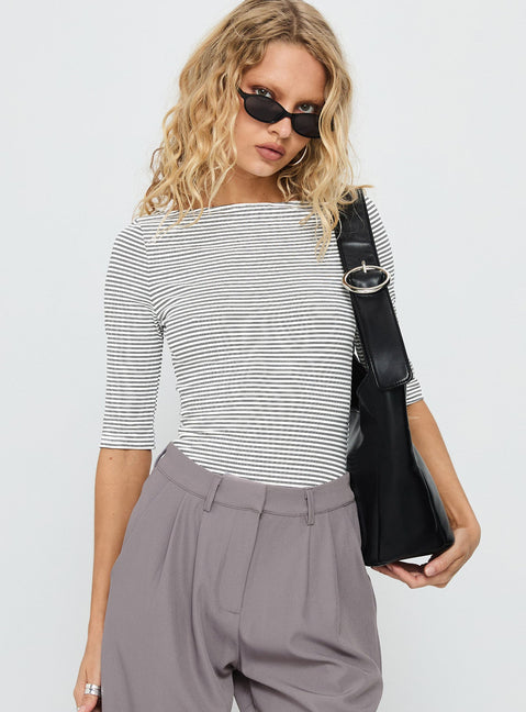 front view of model wearing Princess Polly Here One Moment 3/4 Sleeve Bodysuit Black / White Stripe Half Sleeve 