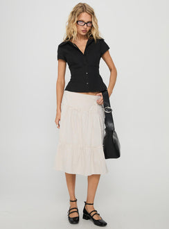   front view of model wearing Princess Polly Cascades Low Rise Midi Skirt Beige / White Stripe Midi Skirts 