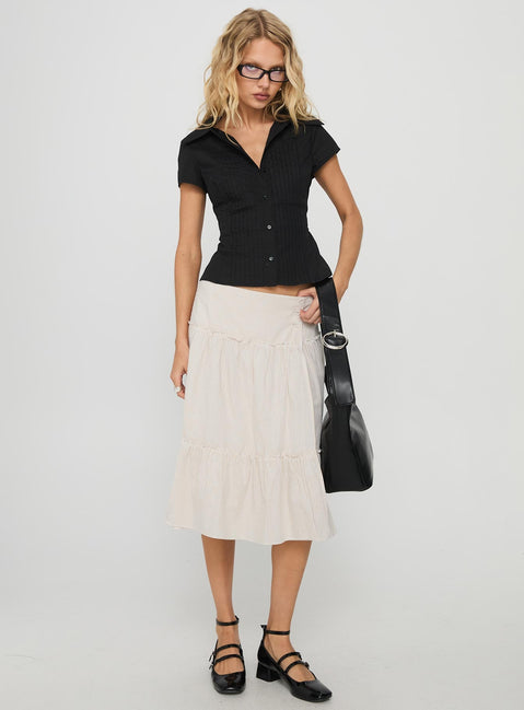   front view of model wearing Princess Polly Cascades Low Rise Midi Skirt Beige / White Stripe Midi Skirts 