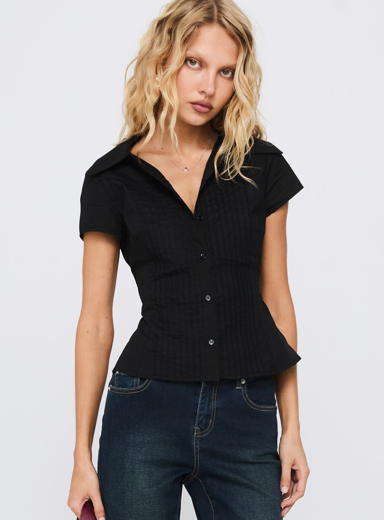Akiyo Button Up Blouse Top Black