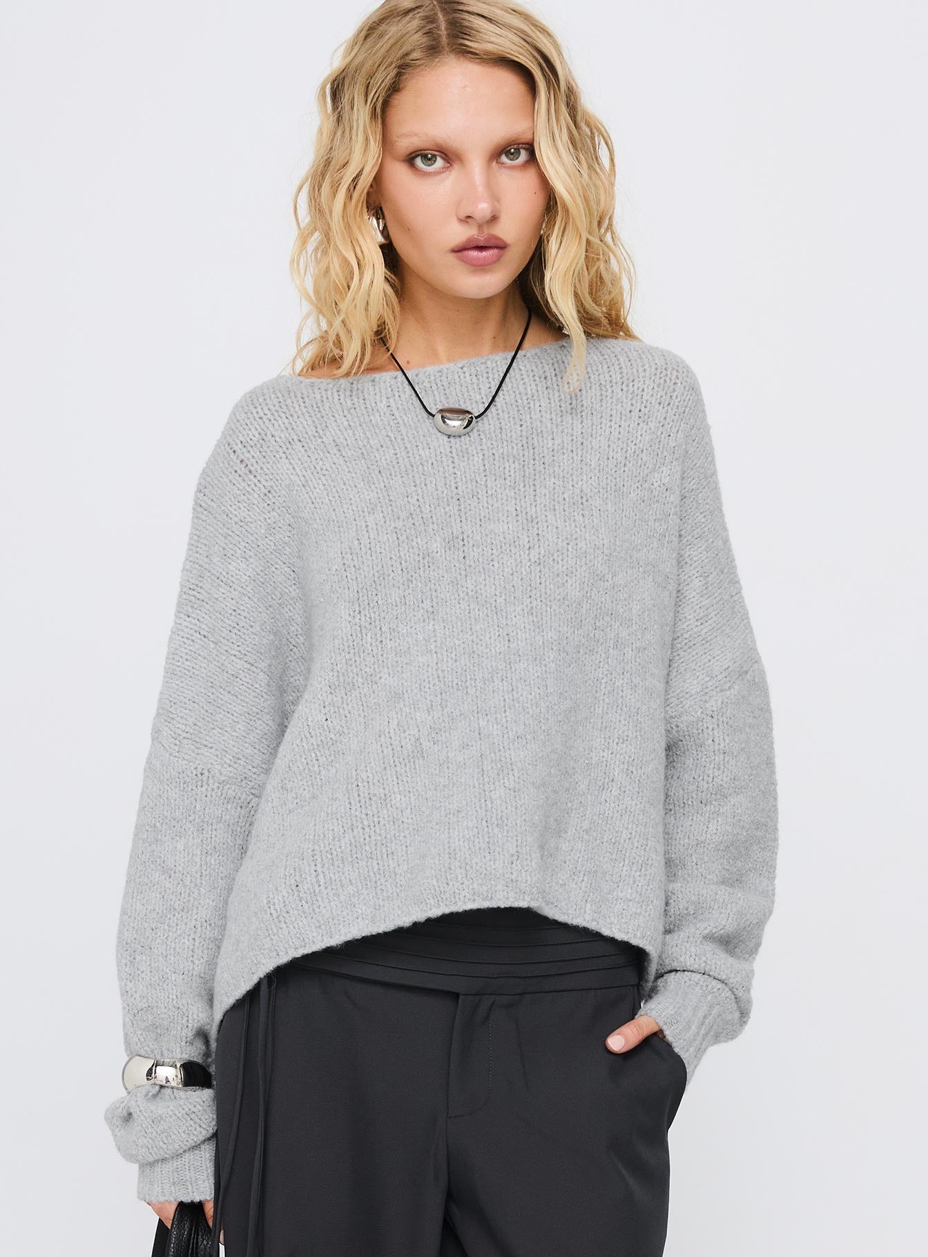 Ramy Wide Neck Knit Sweater Grey