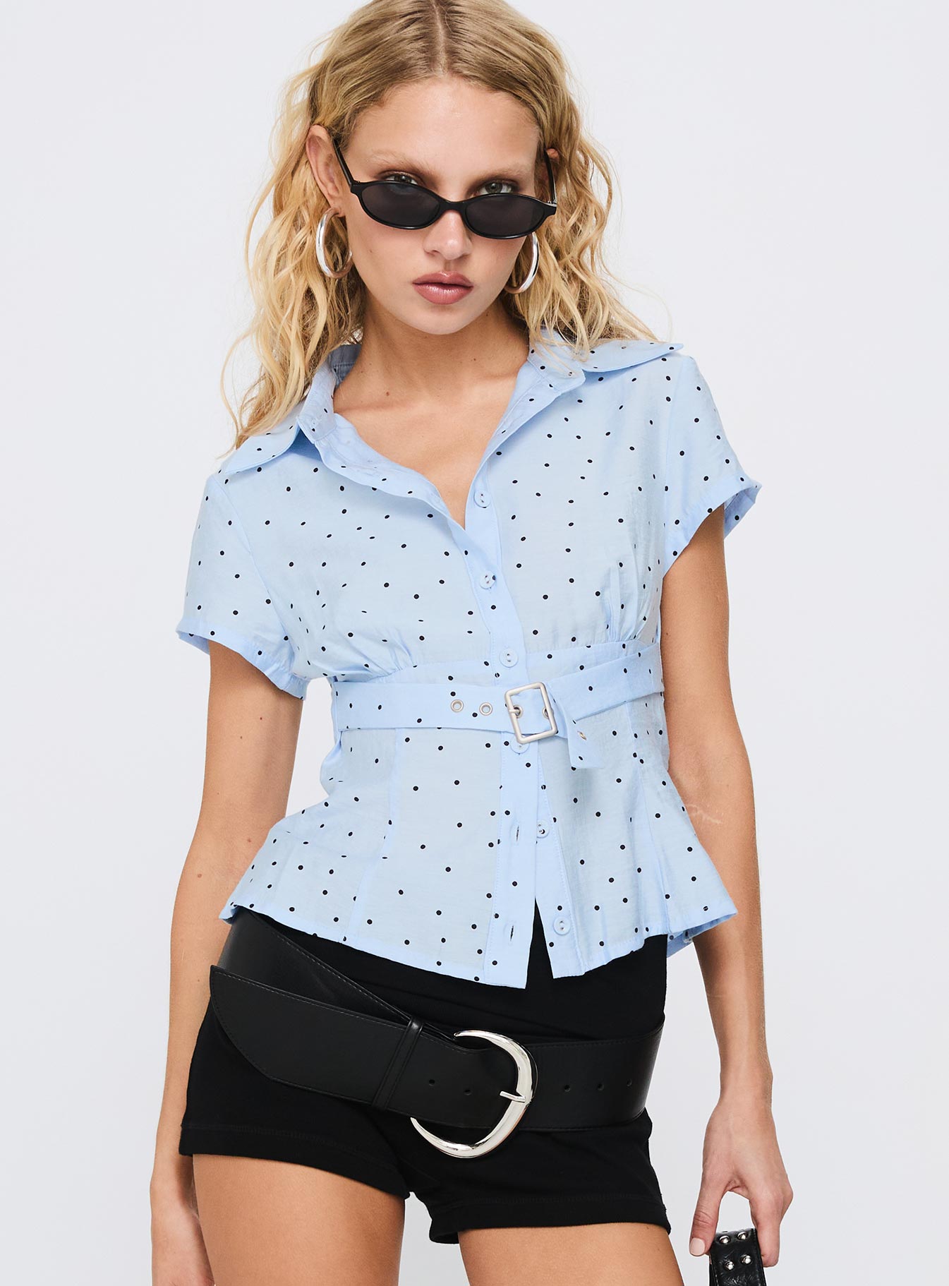 Esteem Buckle Detail Short Sleeve Shirt Blue Polka