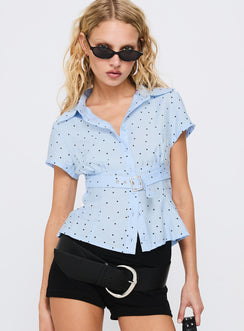 Esteem Buckle Detail Short Sleeve Shirt Blue Polka