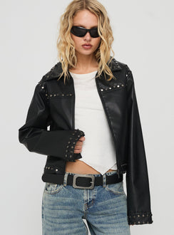 Past Lives Studded Faux Leather Jacket Black