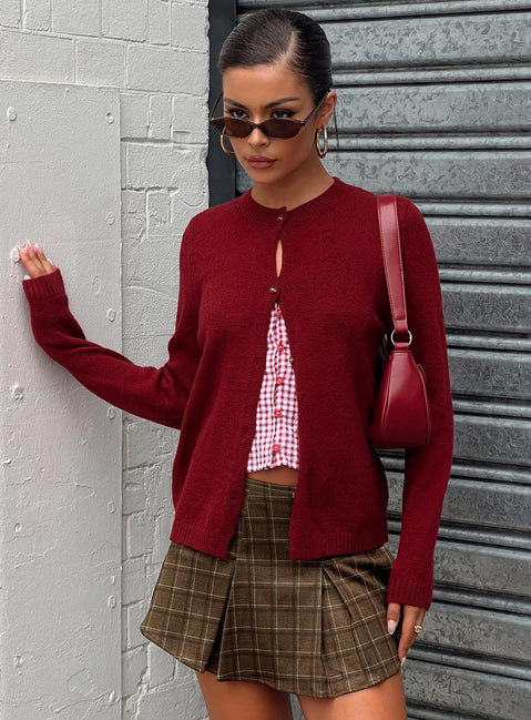 front view of model wearing Princess Polly Arica Button Up Knit Cardigan Red Long 