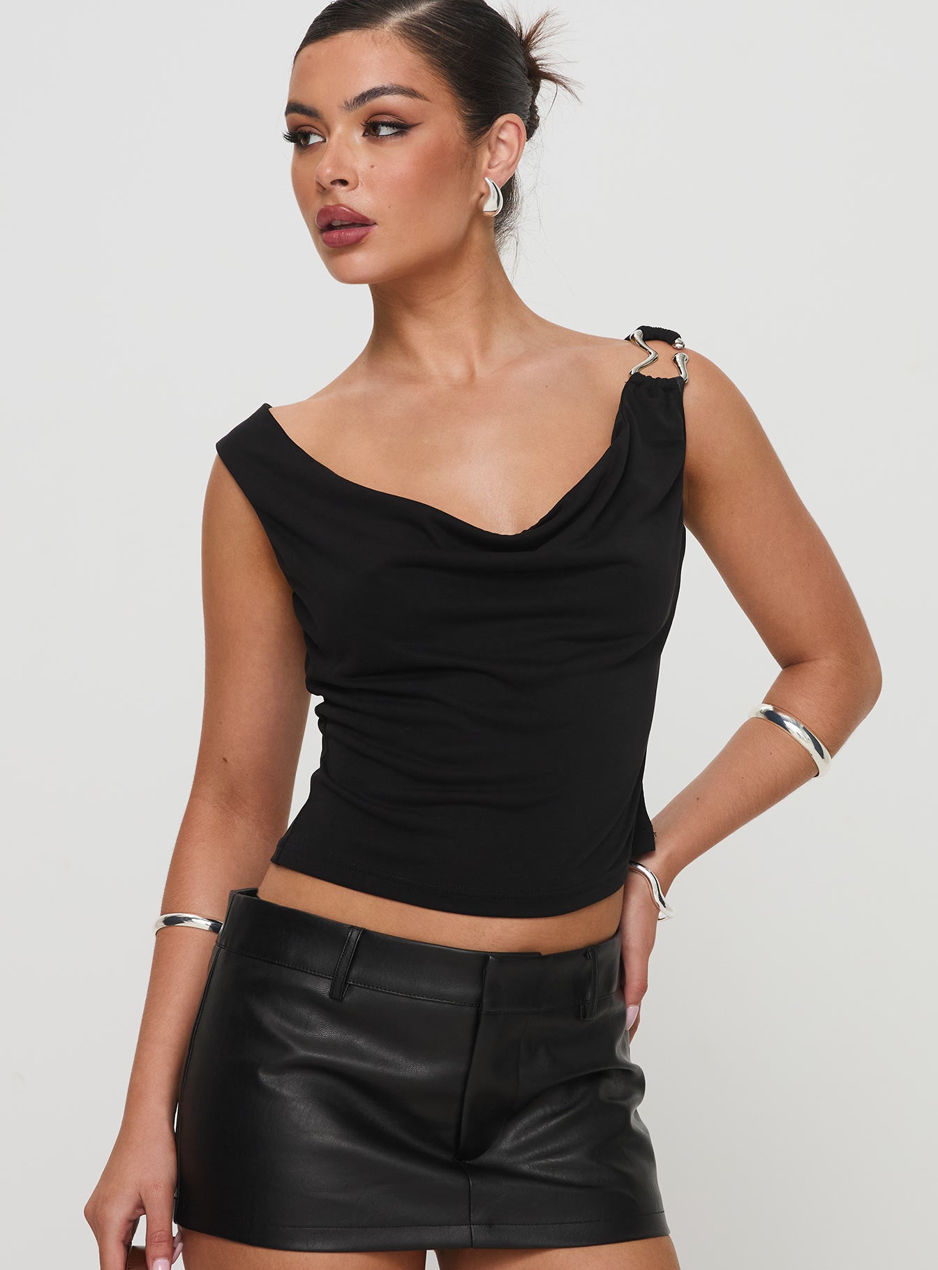 front view of model wearing Princess Polly Quincey Cowl Neck Top Black Sleeveless Cowl 
