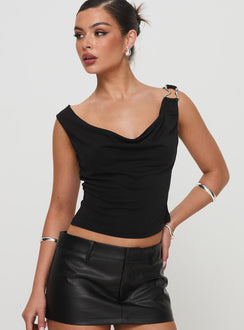front view of model wearing Princess Polly Quincey Cowl Neck Top Black Sleeveless Cowl 