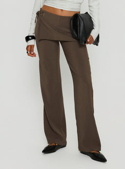front view of model wearing Princess Polly Elka Wrap Trousers Truffle Mid Rise Pants 