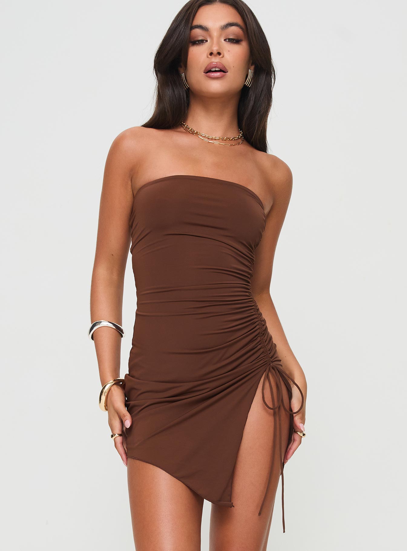 front view of model wearing Princess Polly Caprani Mini Dress Chocolate Straight Neck 