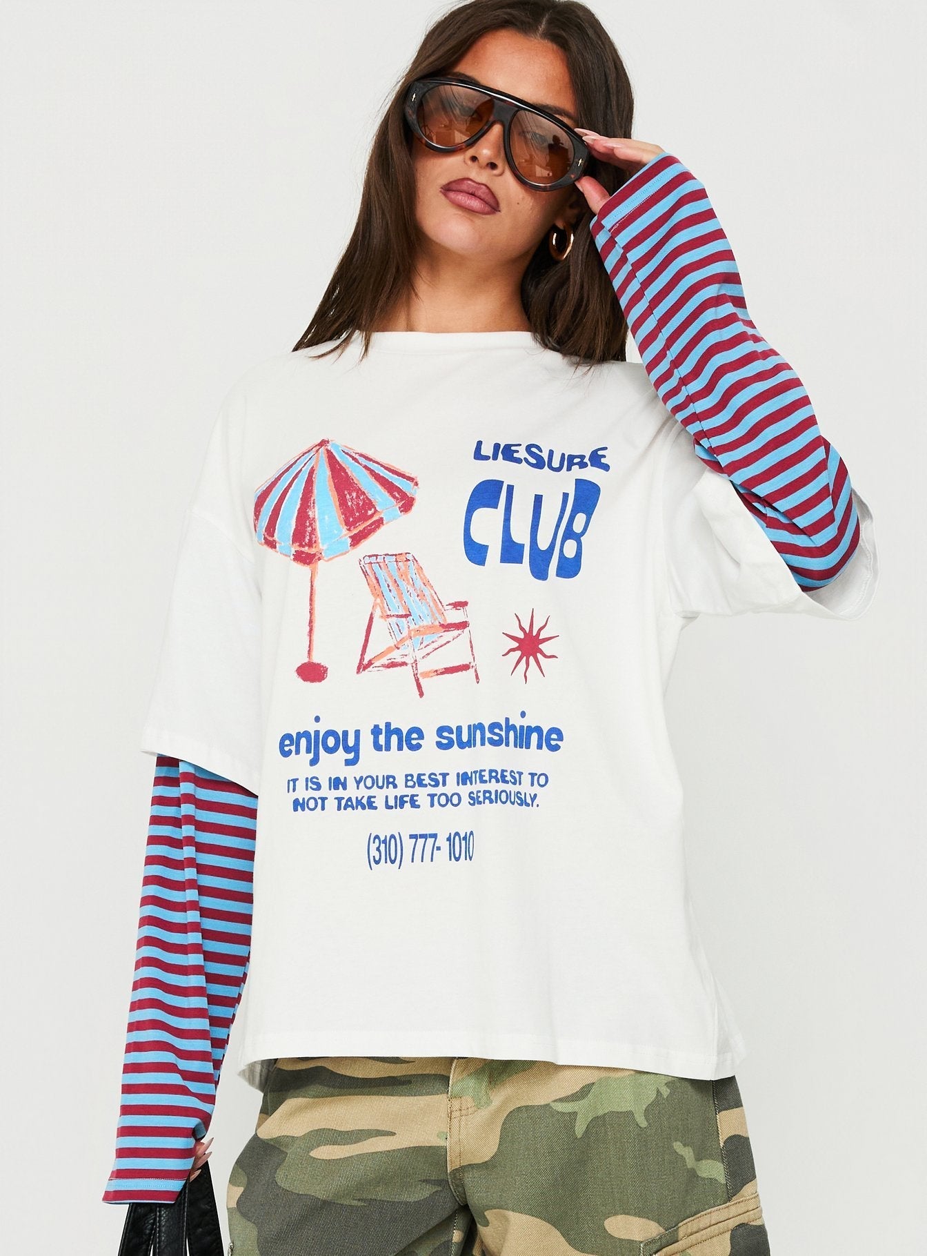 Enjoy The Sunshine Layered Long Sleeve Graphic Tee White / Blue Stripe